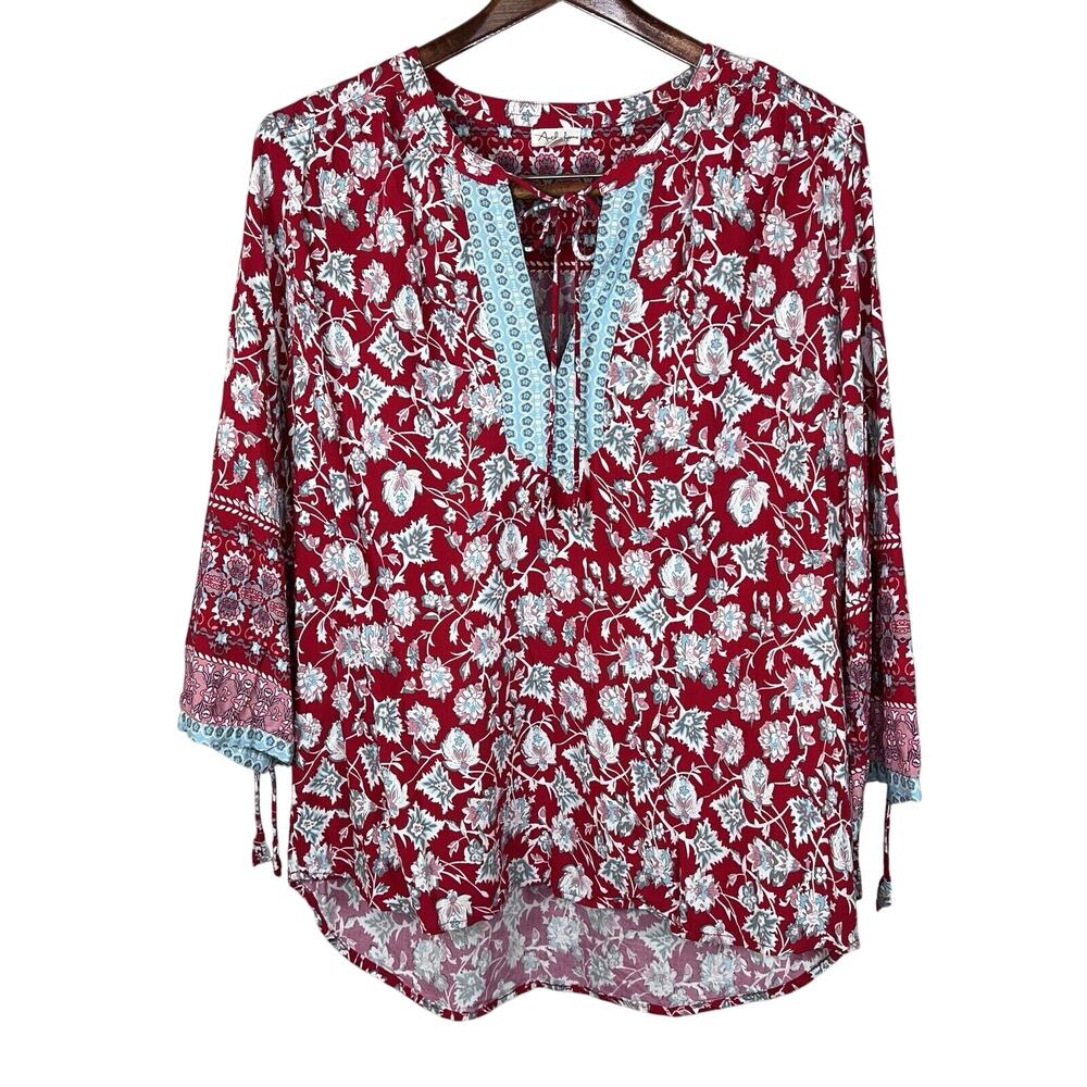 Antilia Femme Women’s L Tunic Blouse Multicolored Boho Keyhole Ties Long Sleeves